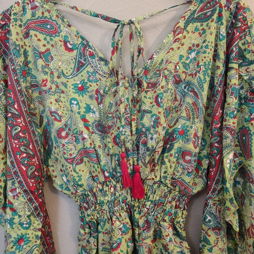 White Waves NWT Silk Blend Paisley Lace Up Boho Dress Made in India - Picture 13 of 15